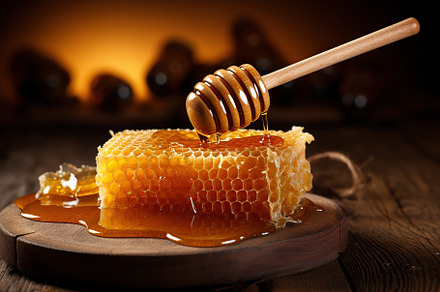 Honeycomb with honey and honey dipper on wooden background, a Food & Drink Photo by AlyaAnd