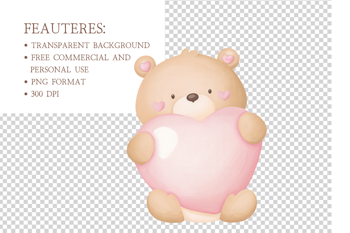Watercolor Valentine Bear Clipart, an Illustration by MockupWizard (Photo 4 of 5)