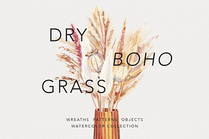 Dry boho grass and herbs watercolor