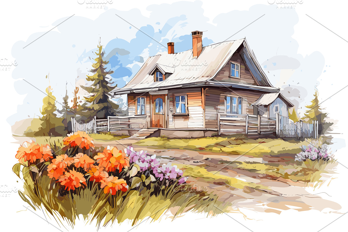 Rural house with flowers. Watercolor, a Graphic by LadadikArt