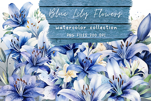 Lily Blue Watercolor Flowers