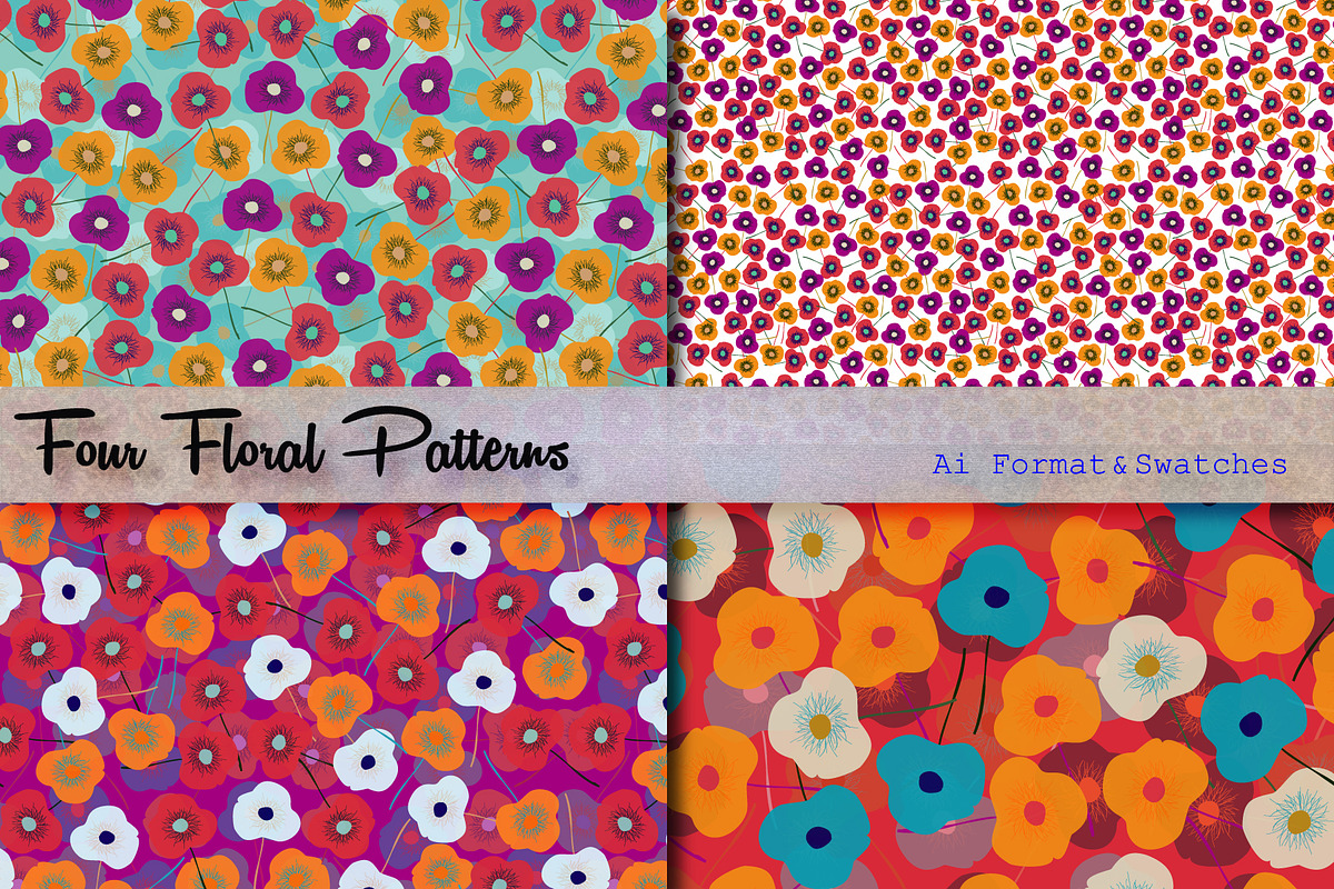 Four Floral Patterns & Swatches, a Pattern Graphic by Anny Cecilia Walter (Photo 1 of 3)