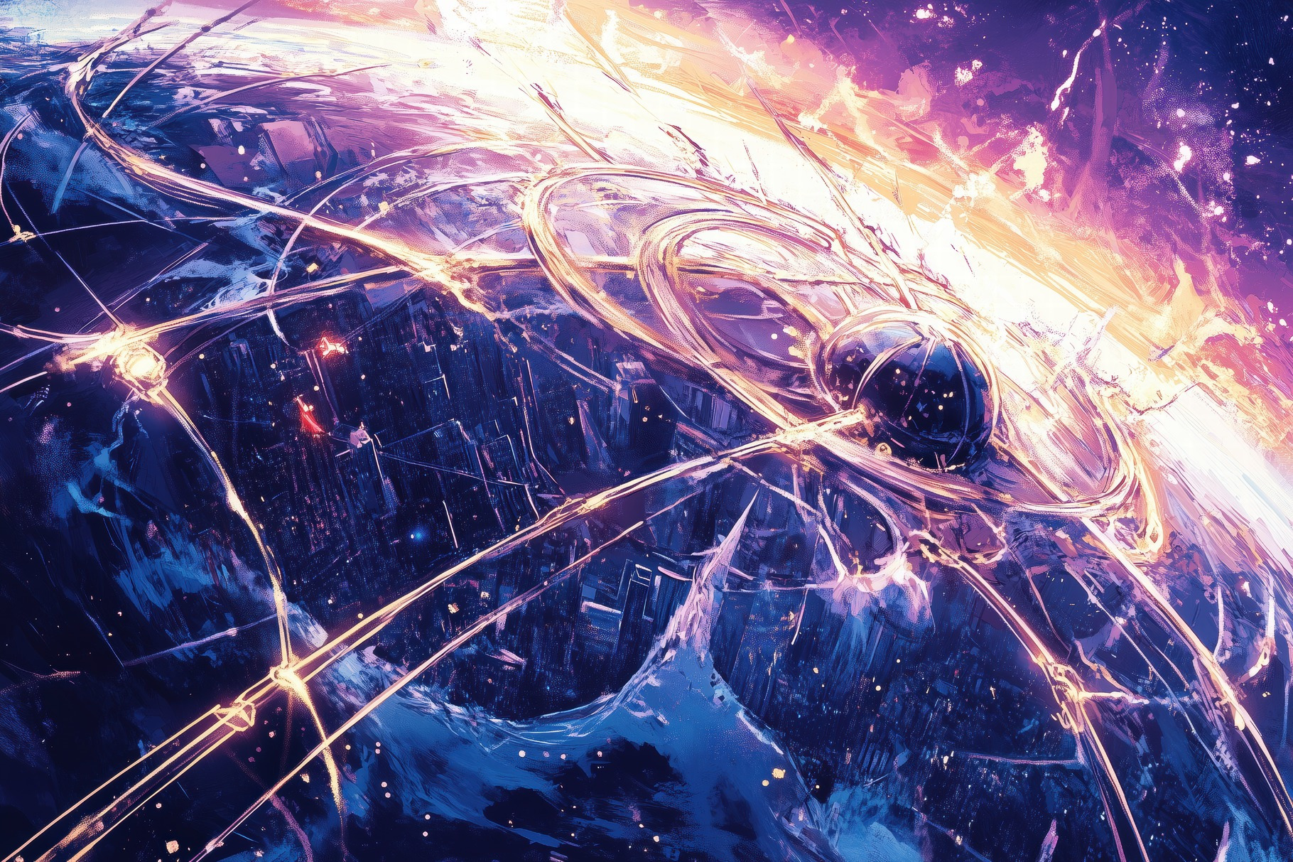A vibrant, cosmic landscape featuring a planet surrounded by glowing ...