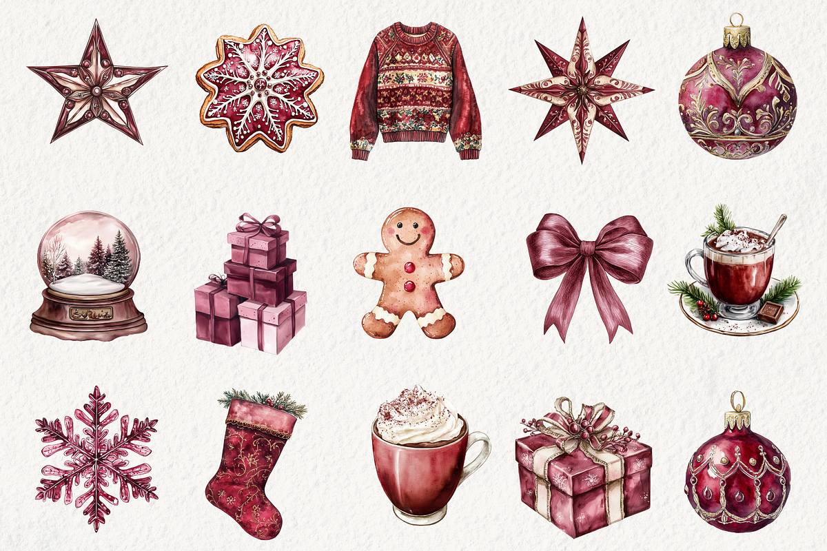 Burgundy Christmas Clipart, an Illustration by NadiaTheronArt (Photo 2 of 5)