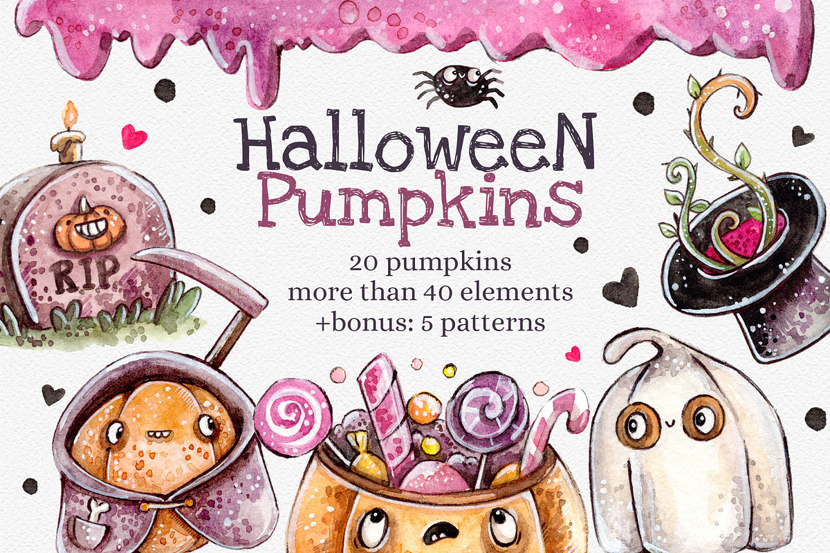 Halloween Pumpkins set +5 patterns, a Decorative Illustration by Kristina Crocus (Photo 1 of 4)