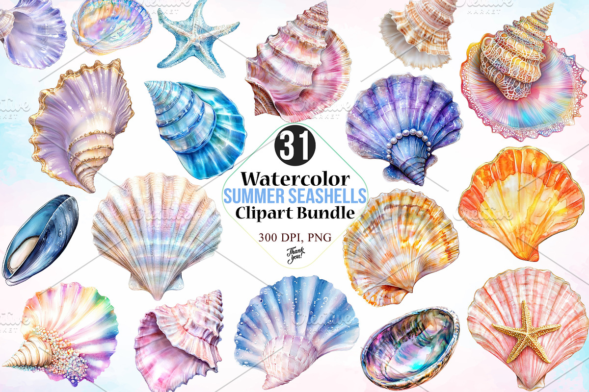 Watercolor Summer Seashells Clipart, a Seasonal Illustration by Canvas Craft (Photo 1 of 3)