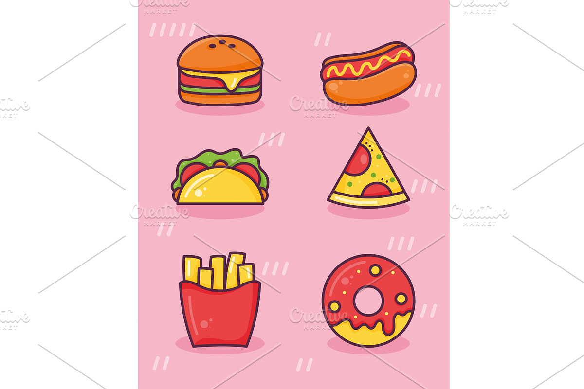 six delicious food icons, a Food Illustration by studiogstock