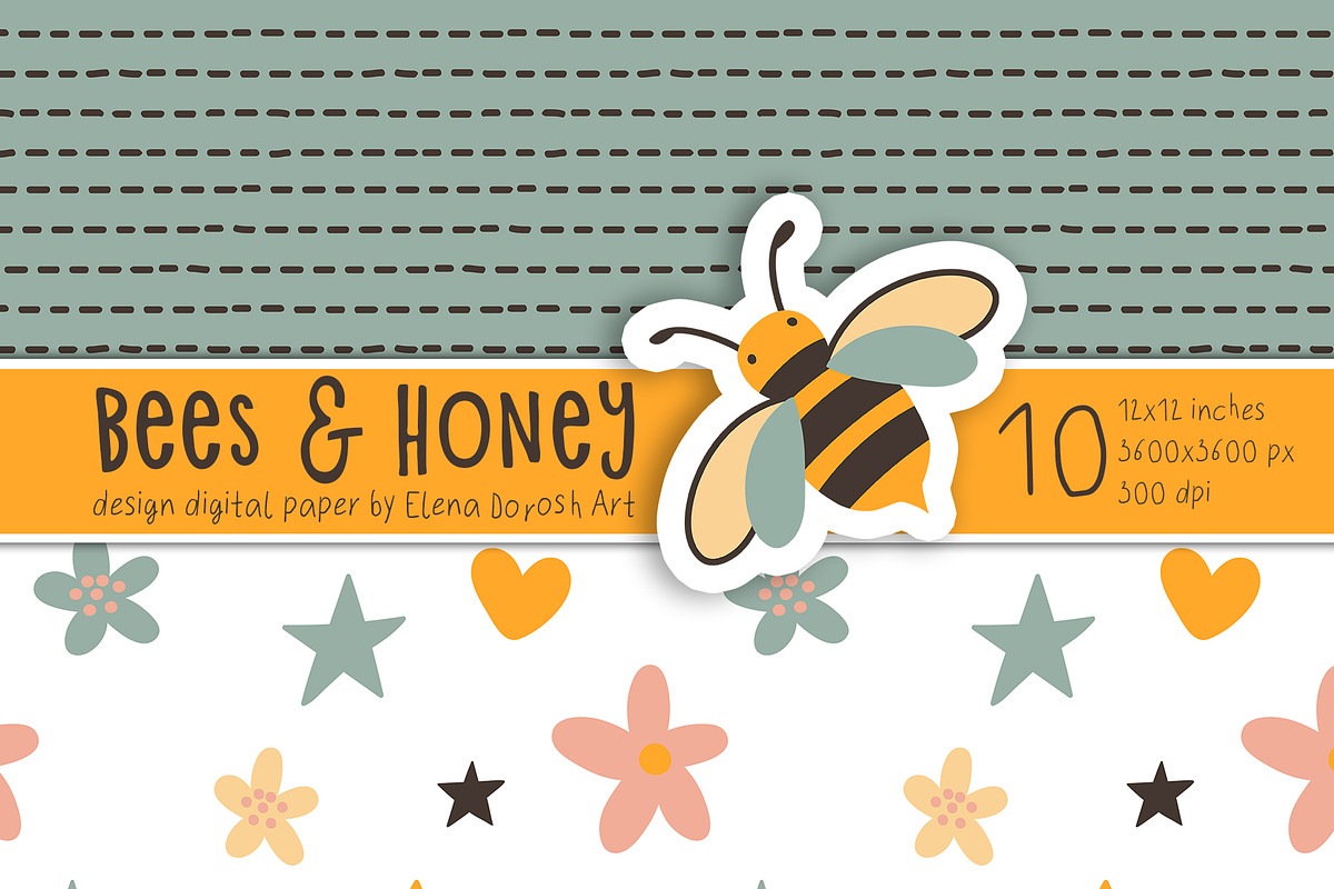 Bees, Honey Cartoon Digital Paper, a Pattern Graphic by Elena Dorosh (Photo 3 of 6)