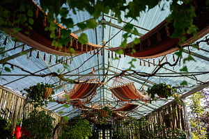 Decorative hammocks hanging in a lush greenhouse environment with abundant gree, a Photo by AS photostudio