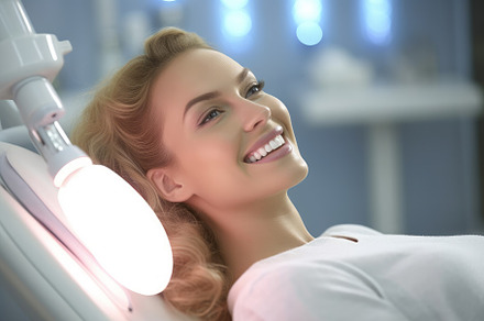 A close - up shot of a beautiful woman reclined in a dentist cha, a Health & Medical Photo by designvectx