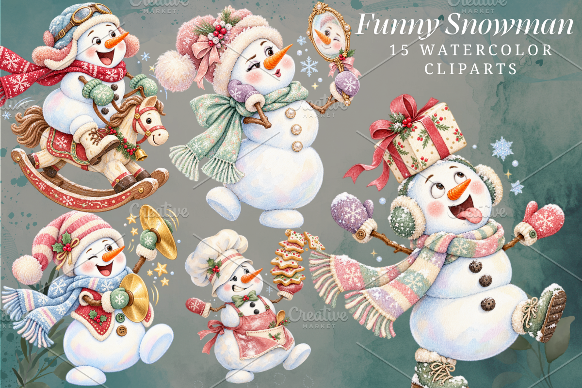 Funny Snowman Clipart Bundle, a Seasonal Illustration by Ink Gallery (Photo 1 of 7)