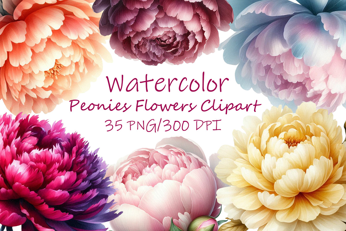 Watercolor Peonies Flowers Clipart, an Illustration by Libby Wishes (Photo 1 of 3)