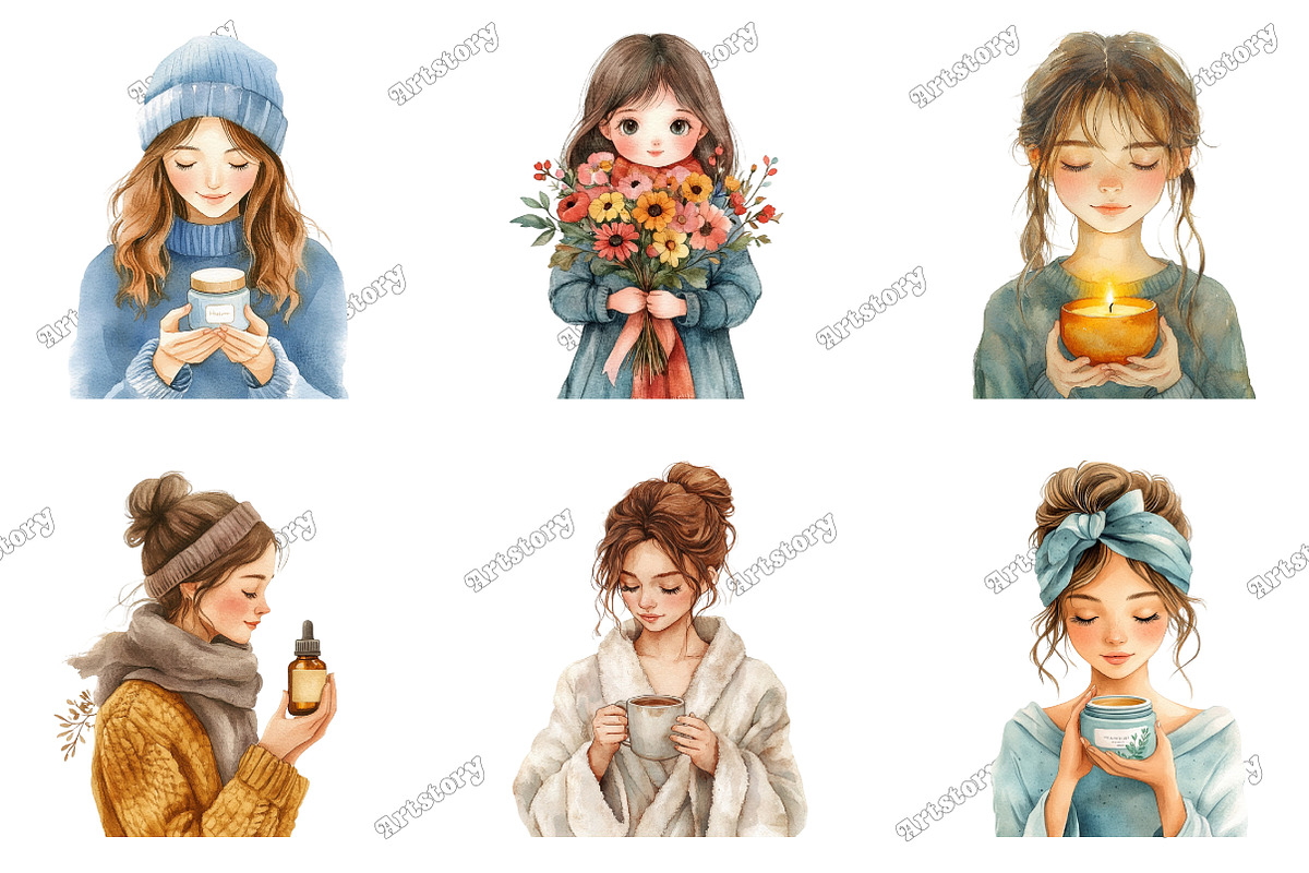 Girl Self Care Watercolor Clipart, an Illustration by designcity5 (Photo 2 of 5)
