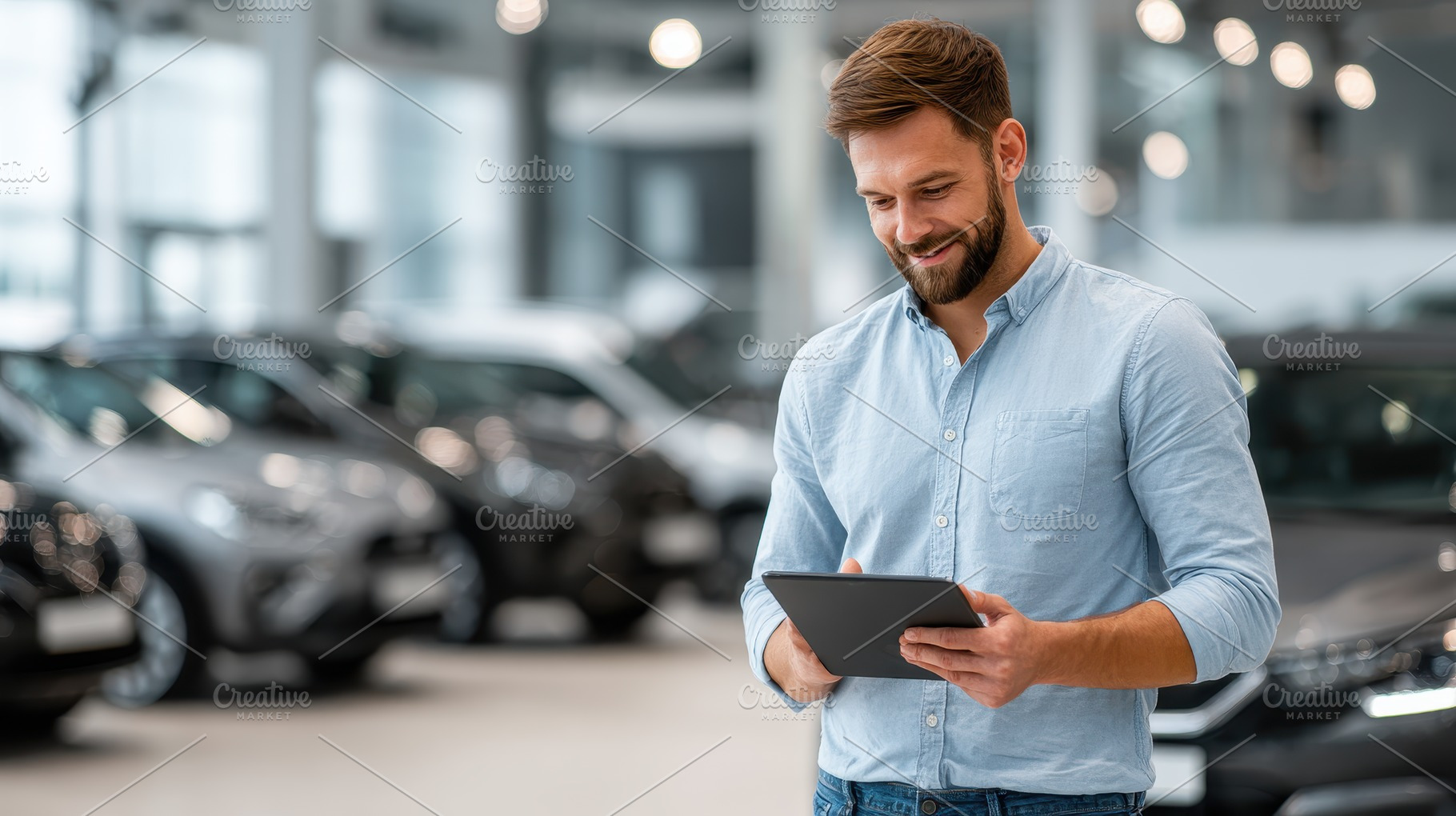 Salesman using tablet in car showroo, a Photo by Pixeness Studio