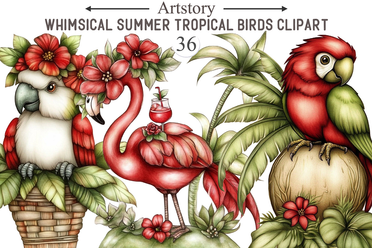 Whimsical Summer Tropical Birds Clip, an Illustration by designcity5 (Photo 1 of 5)