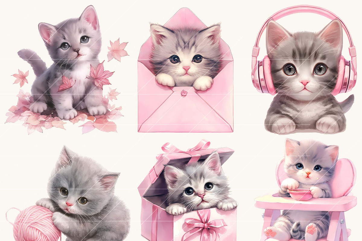 Watercolor Pink Baby Kitten Clipart, an Animal Illustration by SparkyDesignsUS (Photo 5 of 8)