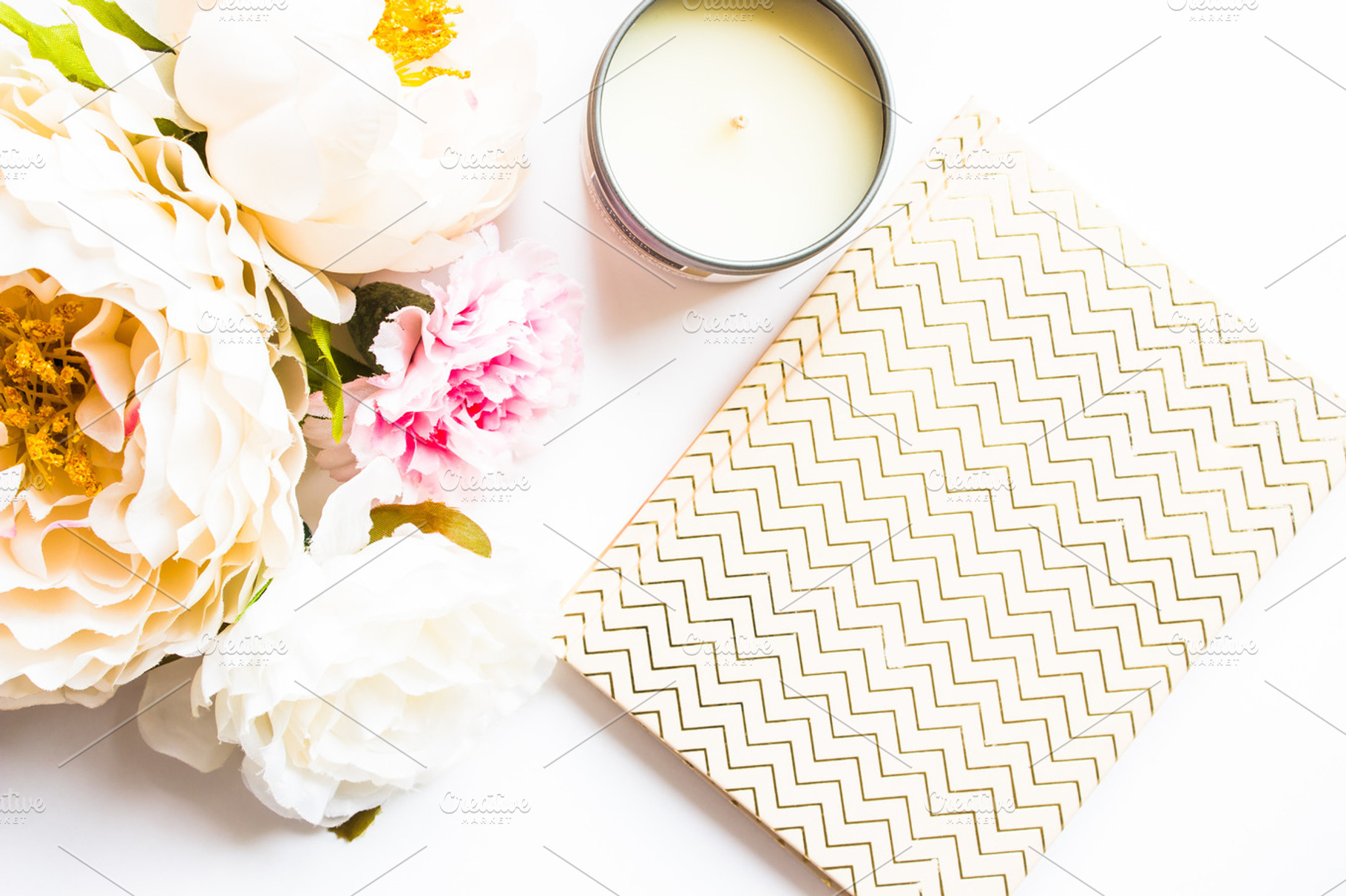 Flowers with Notebook and Candle, a Background Photo by Rose Wine Aesthetic