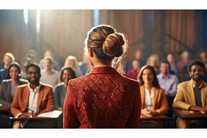 A woman speaker stands confidently, a Business Photo by Igor Tichonow