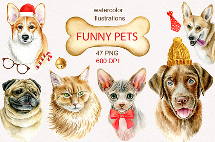 Funny pets. Watercolor set