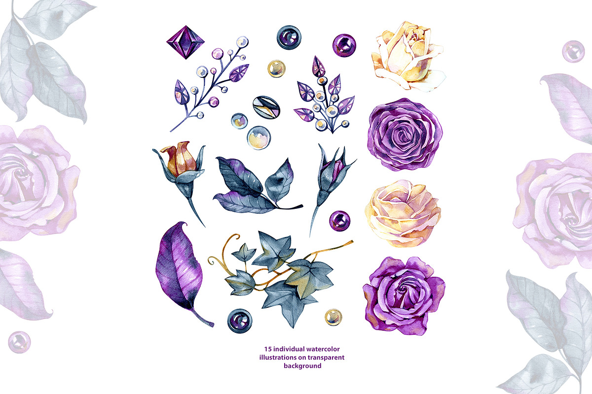 Watercolor violet roses and gems, a Decorative Illustration by NataliMiasStore (Photo 4 of 5)