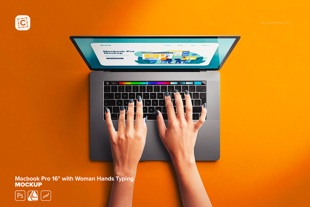 Macbook Pro 16 with Woman Hands, a Product Mockup by Custom Scene (Photo 1 of 8)