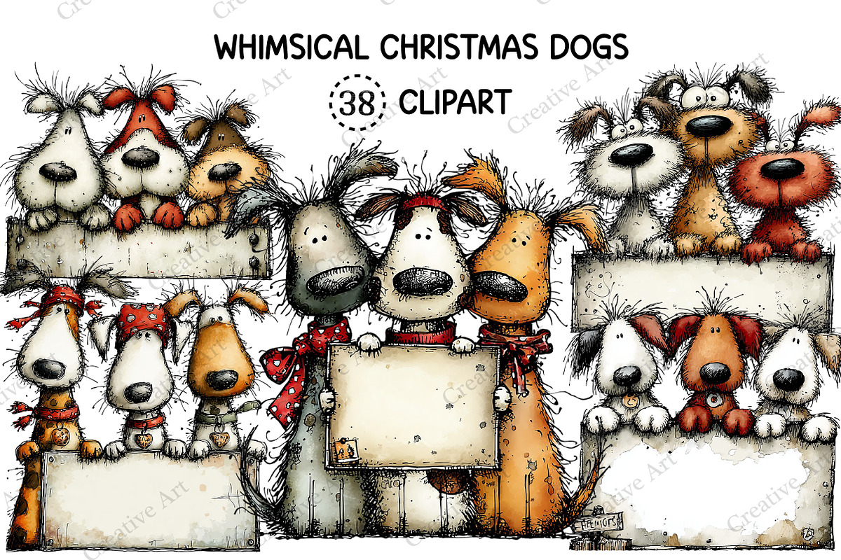 Whimsical Christmas Dogs Clipart, an Illustration by Creative Art (Photo 1 of 10)