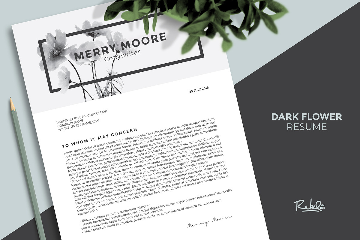 drkFloral Resume/CV Template 3 pages, a Resume Template by Rebelinart (Photo 3 of 3)