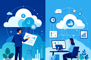 Digital workstation with multiple monitors, cloud dashboards, an, a Technology Illustration by DanFLCreativo