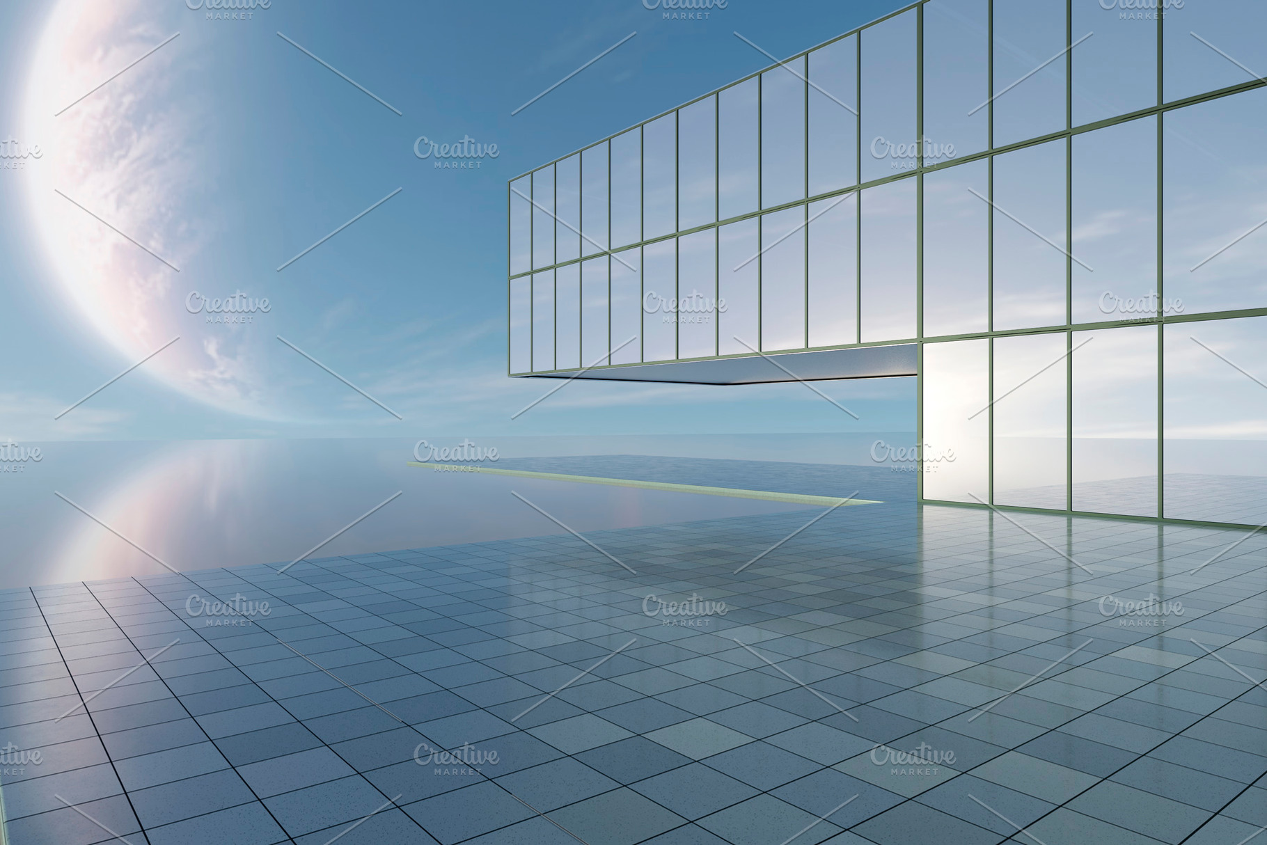 Futuristic glass architecture above water under giant planet, an Architecture Photo by RF Images