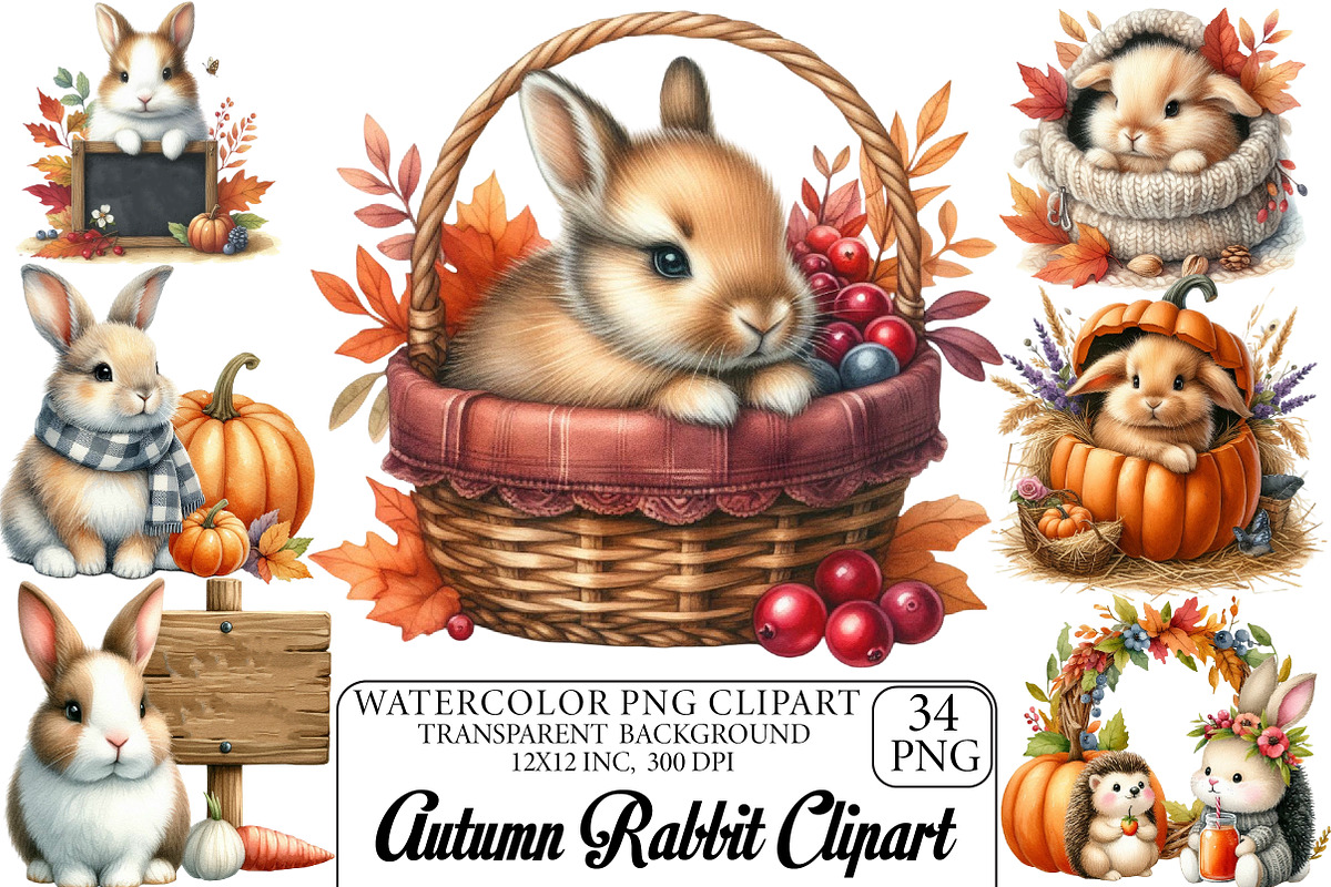 Watercolor Autumn Rabbit Clipart, an Illustration by DreamPrint404 (Photo 1 of 6)