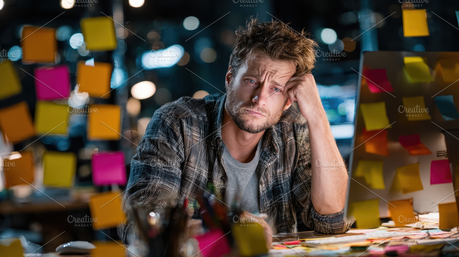 Tired man working late surrounded by, a Photo by Pixeness Studio