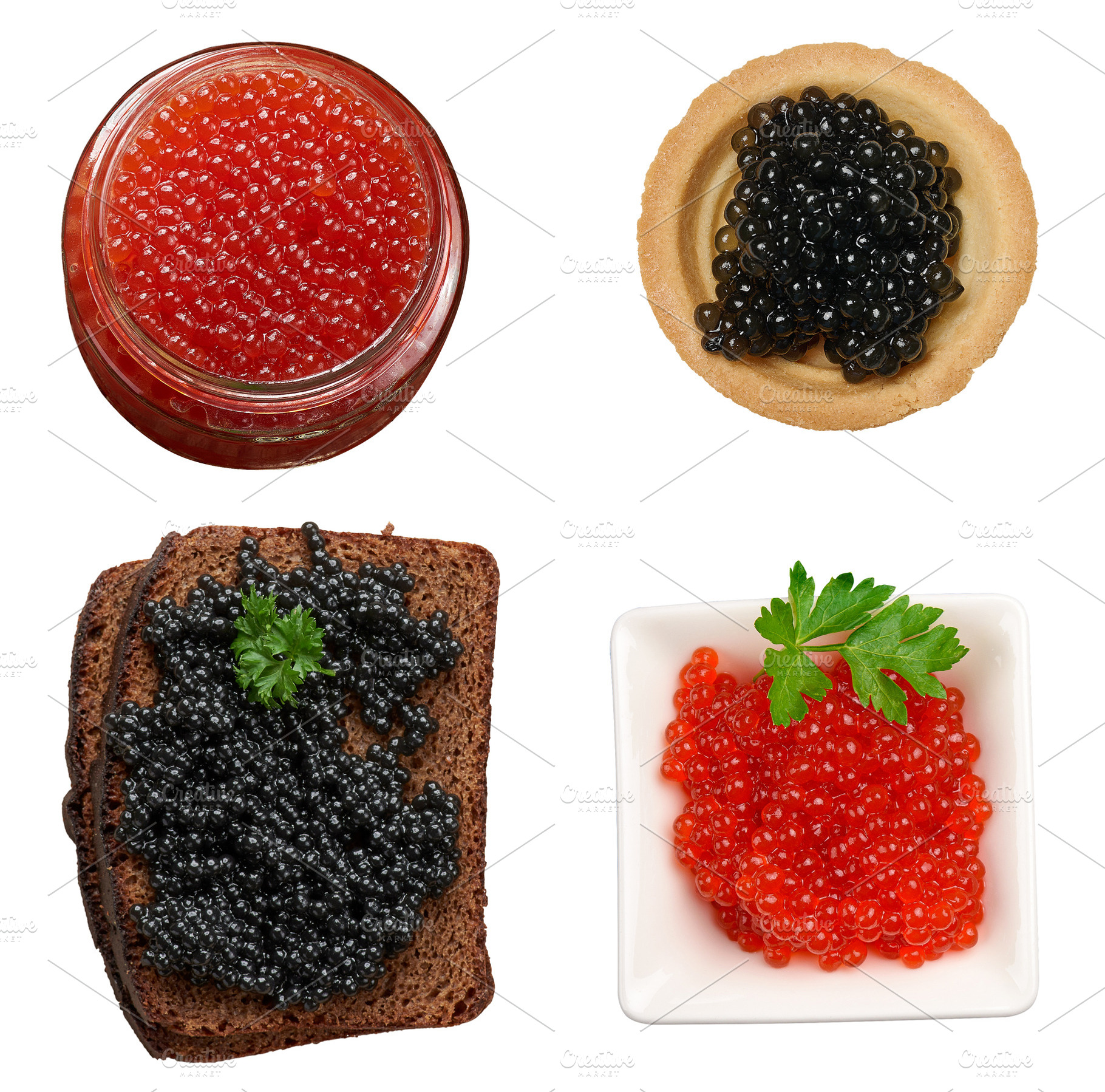 Red and black caviar in a glass jar, rosette, tartlet and on a s, a Food & Drink Photo by ndanko