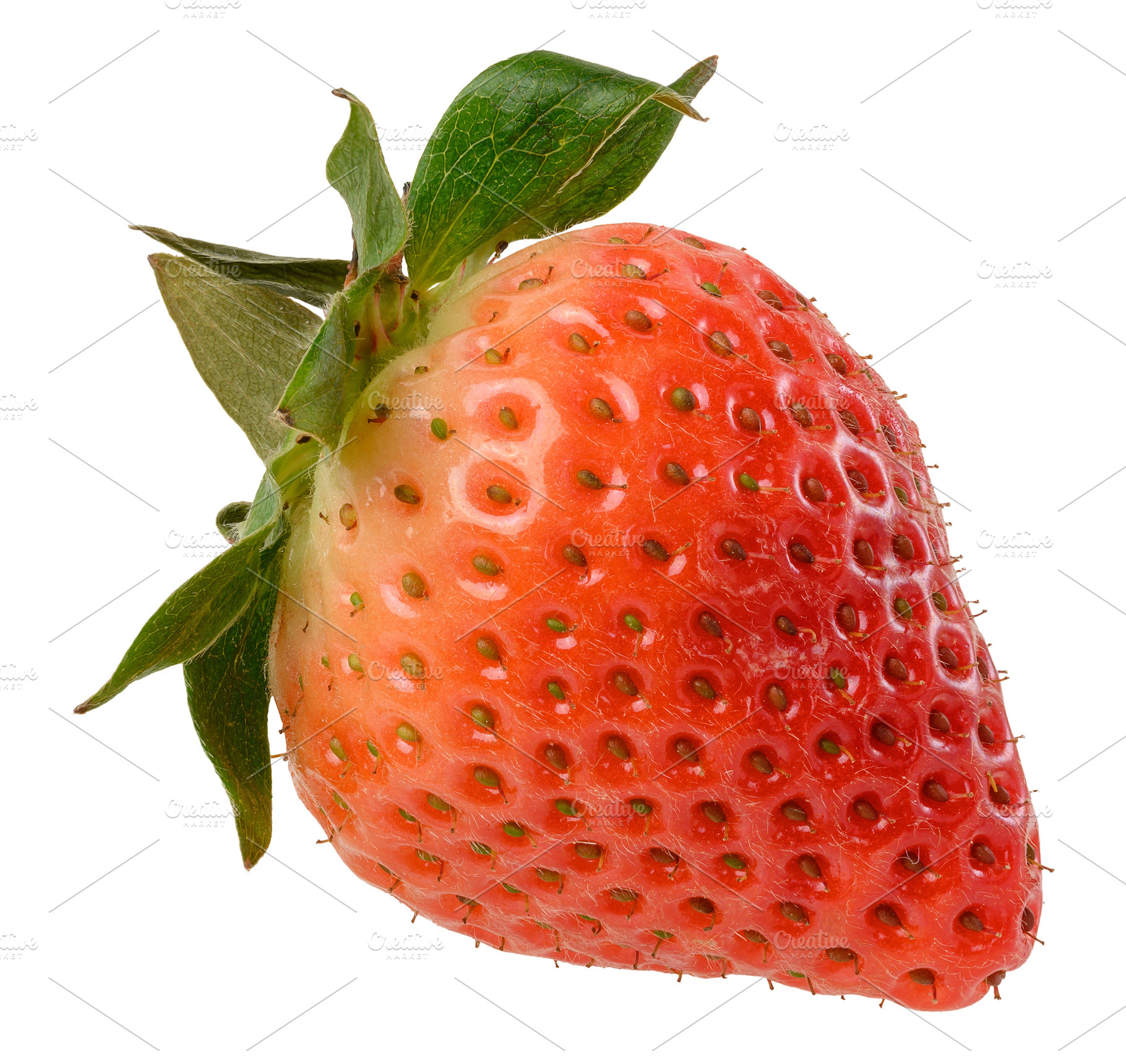 Ripe red strawberry berry with green sepals and leaves, a Food & Drink Photo by ndanko