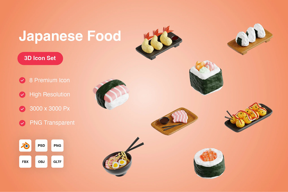 Japanese Food 3D Icons Set, a Food & Drink 3D Model by Kmg Design (Photo 1 of 2)