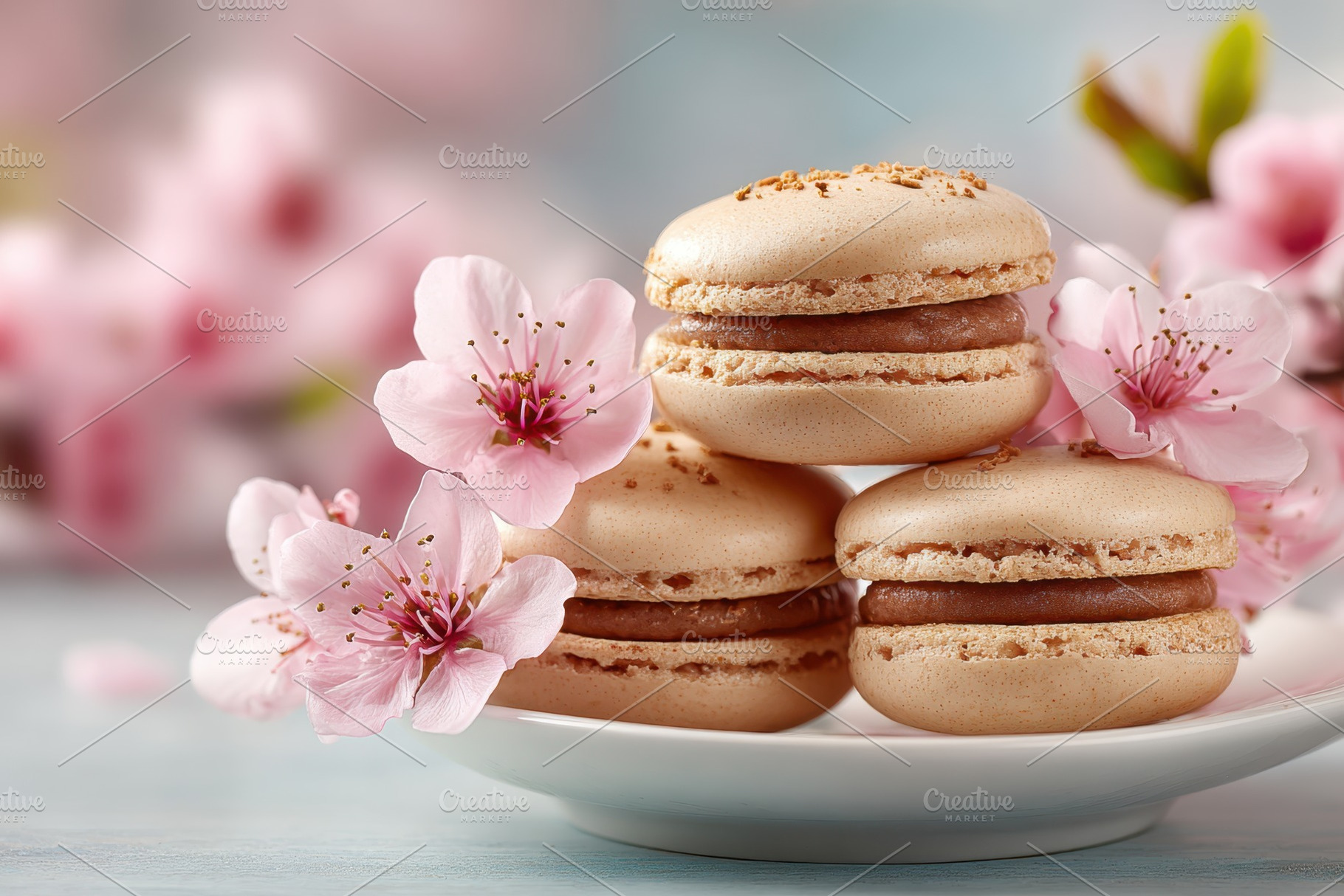 Pink macarons with cherry blossoms on a plate, a Food & Drink Photo by AlyaAnd