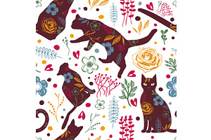 Silhouettes of cats and flowers, an Animal Illustration by Nenahliadava Design