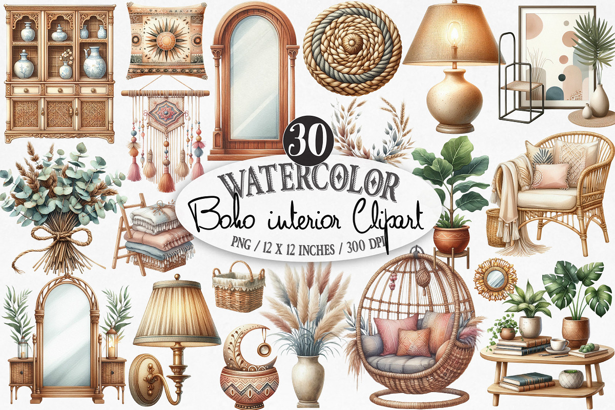 Watercolor Boho Interior Clipart, an Illustration by Designking (Photo 1 of 4)