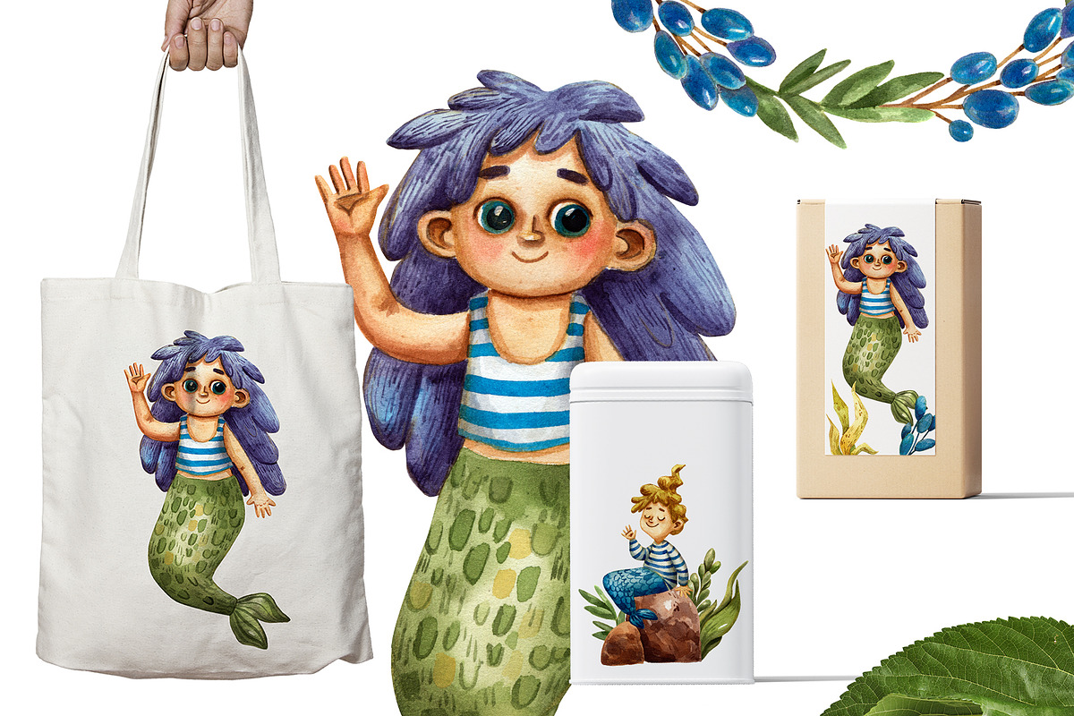 Mermaids - Watercolor Clip Art Set, an Illustration by Mashamashastu (Photo 7 of 9)