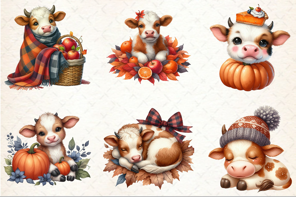 Watercolor Autumn Cow Clipart, an Illustration by Rose Art (Photo 3 of 7)