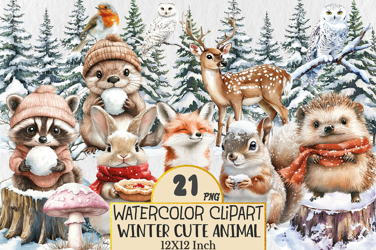 Winter Cute Animal Clipart, a Seasonal Illustration by Rose Art (Photo 1 of 3)