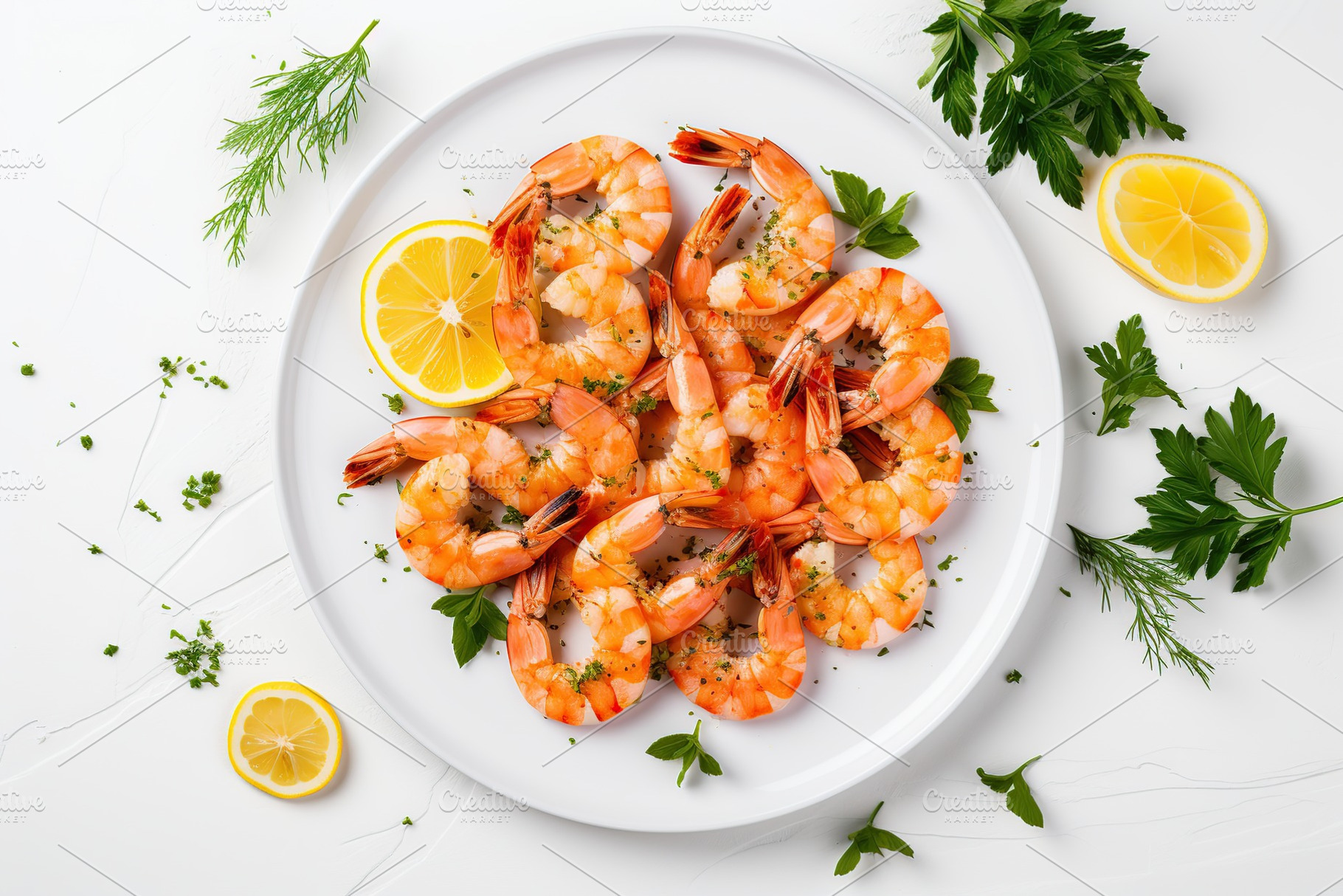 Fresh shrimps in plate on white background, a Food & Drink Photo by AlyaAnd