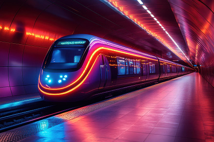 Vibrant neon train illuminated in a, a Photo by Tanuart