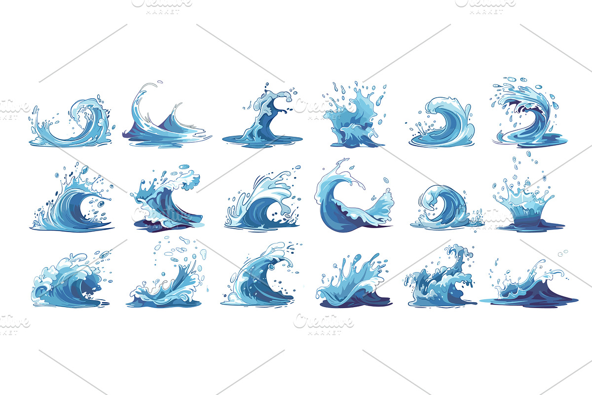 Water splashes cartoon vector set, an Illustration by Onyx