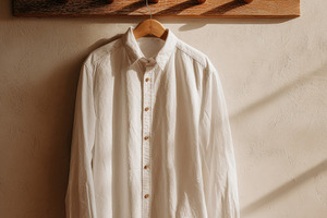 Cotton shirt hanging on peg rail, a Beauty & Fashion Photo by Virgo Studio