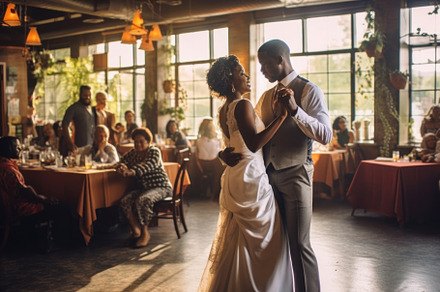 First wedding dance of african american newlywed couple. Generat