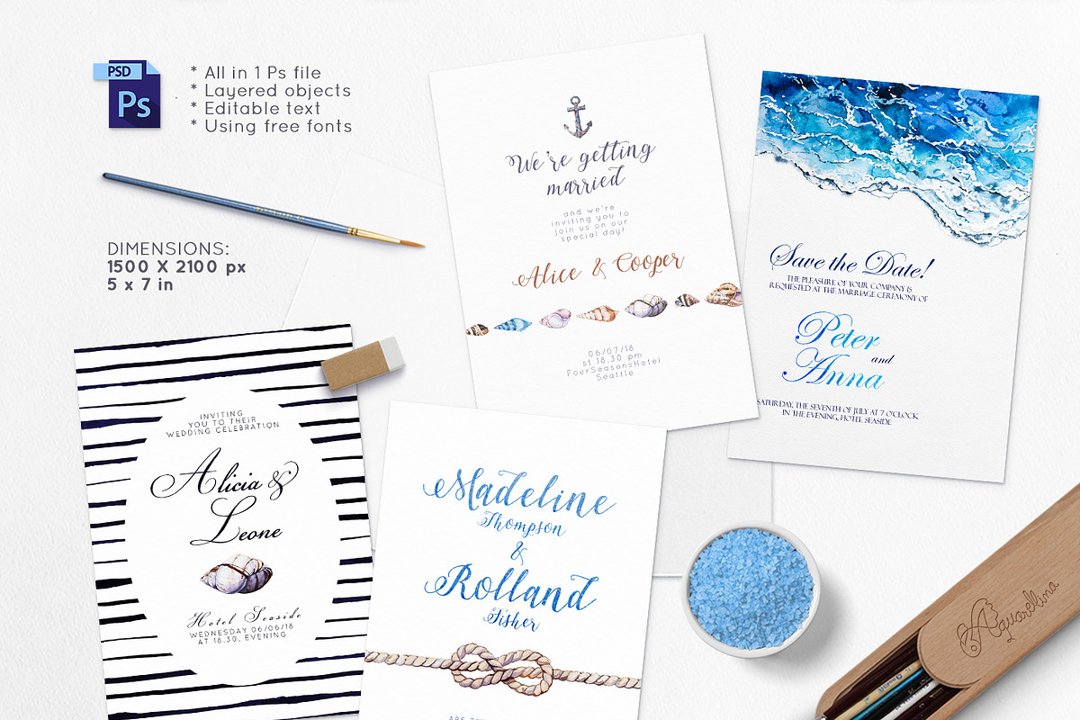 4 Seaside Wedding Invitations, an Invitation Template by Aquarellina (Photo 3 of 3)