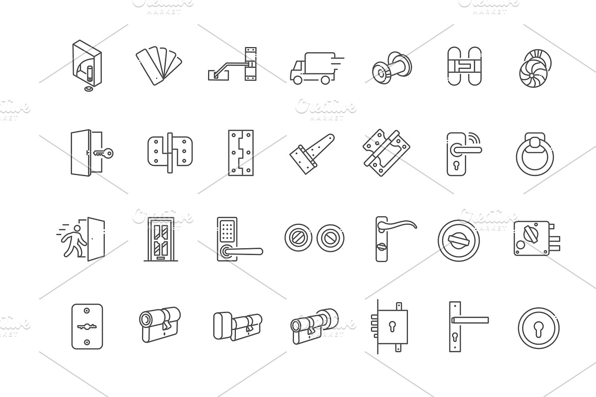 Door Hardware and Locks Line Icons, an Outline Icon by Tettygreen (Photo 2 of 2)