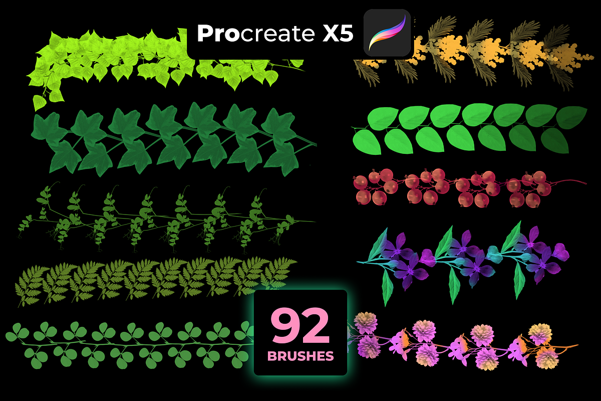 92 FLORAL brushes for PROCREATE X5, a Brush Add-On by Graphics Resources (Photo 6 of 15)