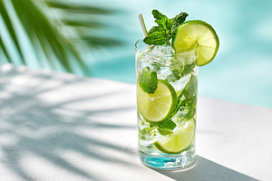 Refreshing mojito with mint and lime served by a poolside on a sunny day, a Food & Drink Photo by AlyaAnd