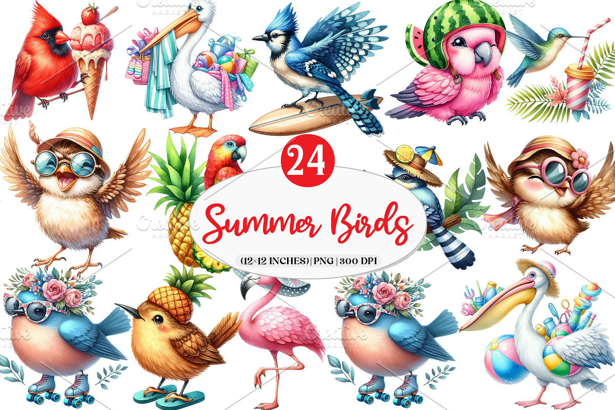 Quirky Whimsical Summer Bird Clipart, an Illustration by Watercolor design (Photo 1 of 4)